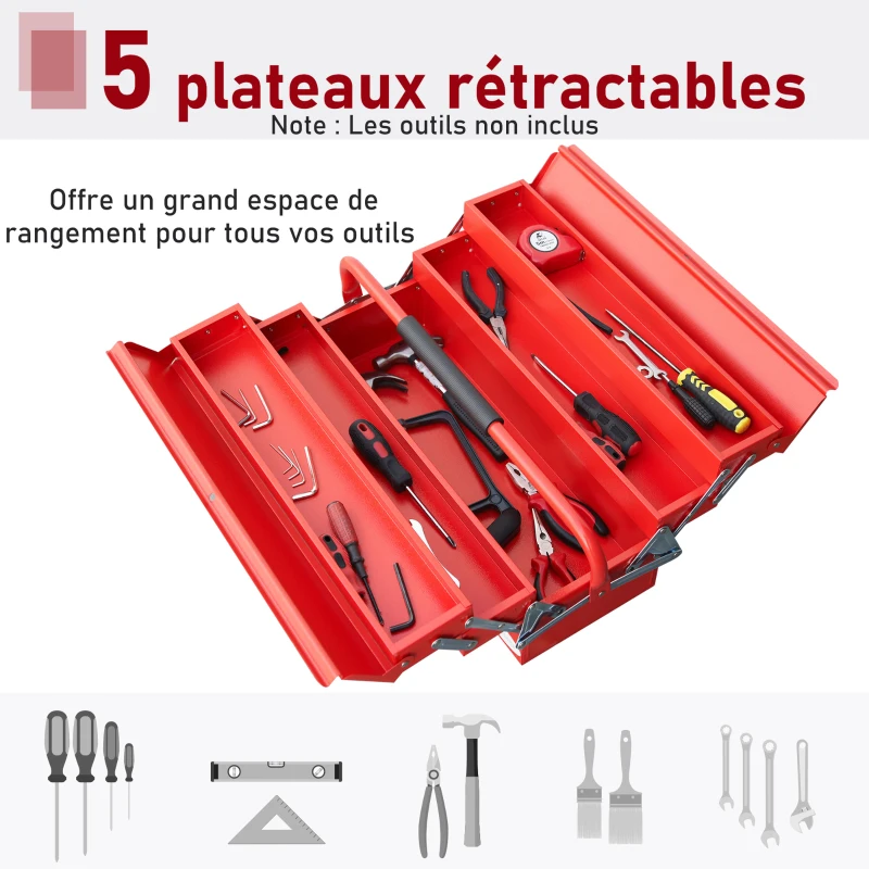 DURHAND Boite à outils métallique - coffret à outils - caisse à outils 3 niveaux 5 plateaux rétractables - tôle acier rouge