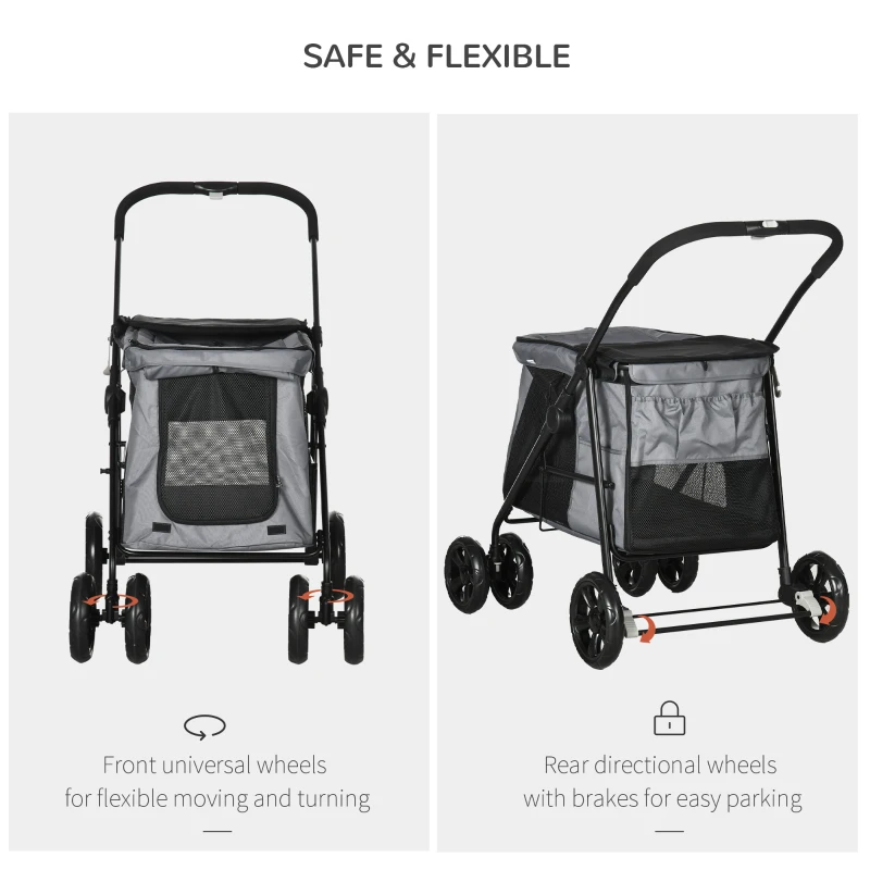 PawHut One Click Foldable Pet Stroller Dog Cat Travel Pushchair with EVA Wheels Storage Bags Mesh Windows Doors Safety Leash Cushion