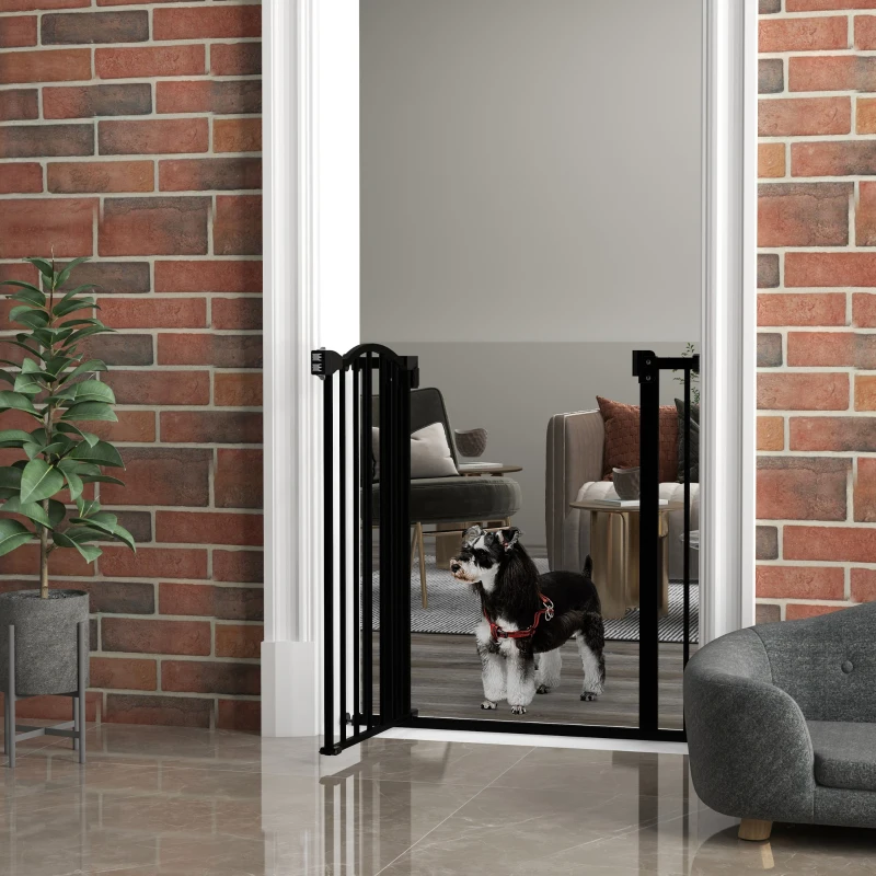 PawHut Metal 74-80cm Adjustable Pet Gate Safety Barrier w/ Auto-Close Door Black