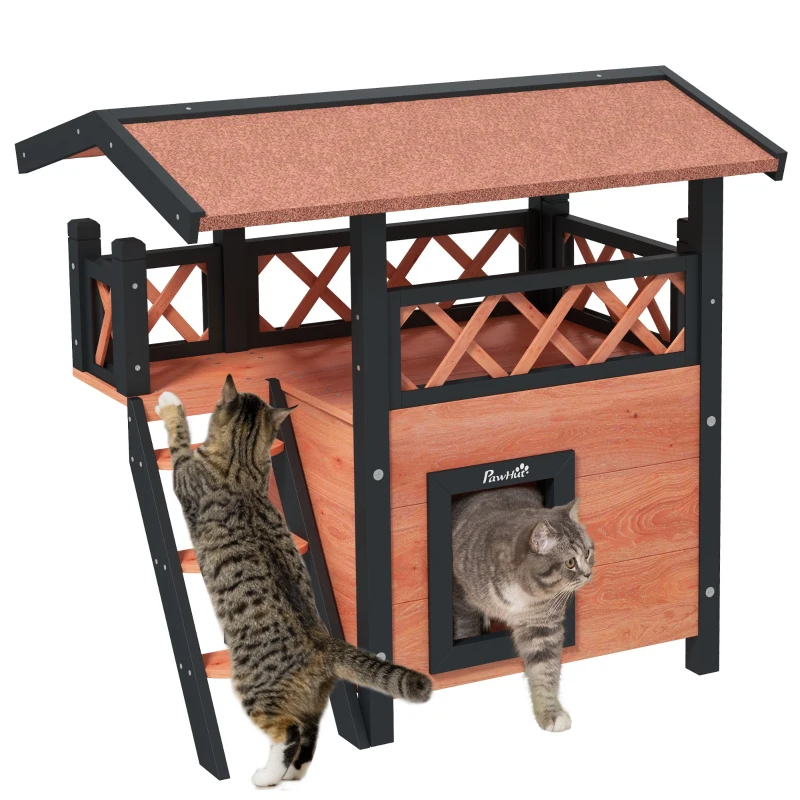 PawHut Cat House Outdoor, Wooden Feral Cat House with Balcony Stairs Asphalt Waterproof 77L x 50W x 73Hcm - White
