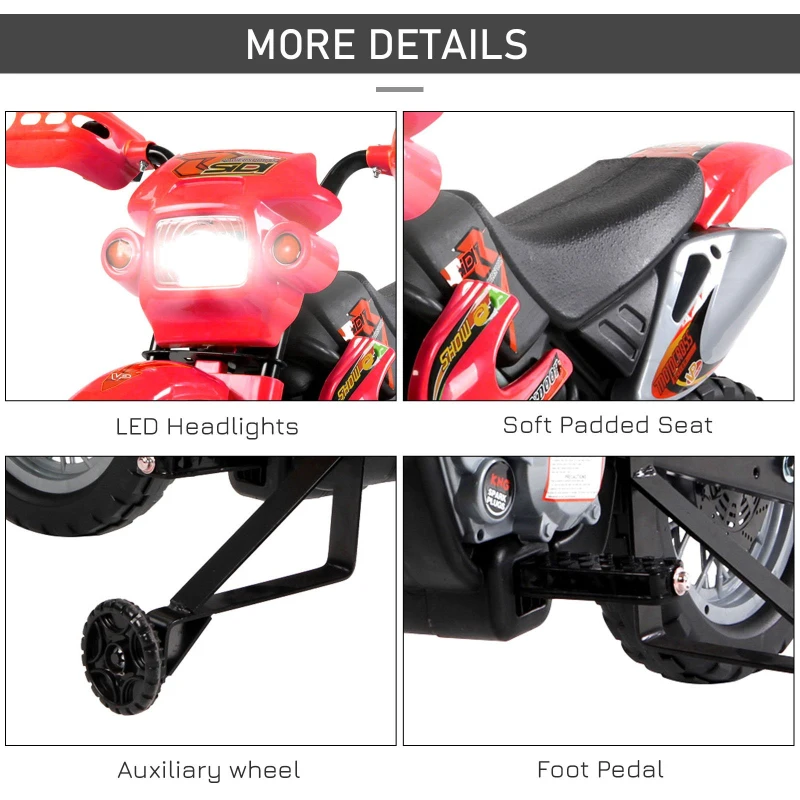 Motocicleta electrica HOMCOM pentru copii 3-6 ani din plastic PP cu roti de sprijin, faruri si muzica, 102x53x66 cm, rosu si negru(m-4)