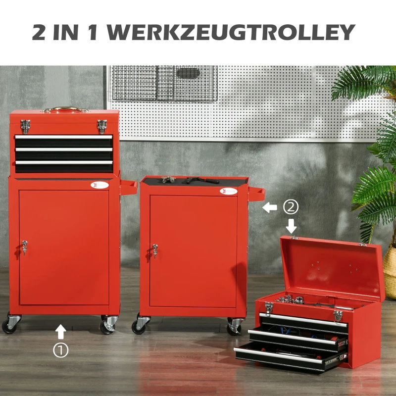 DURHAND 2-in-1 Gereedschapswagen, mobiel, 3 laden, gereedschapsbord, stalen behuizing, 46L x 28B x 94H cm, Rood