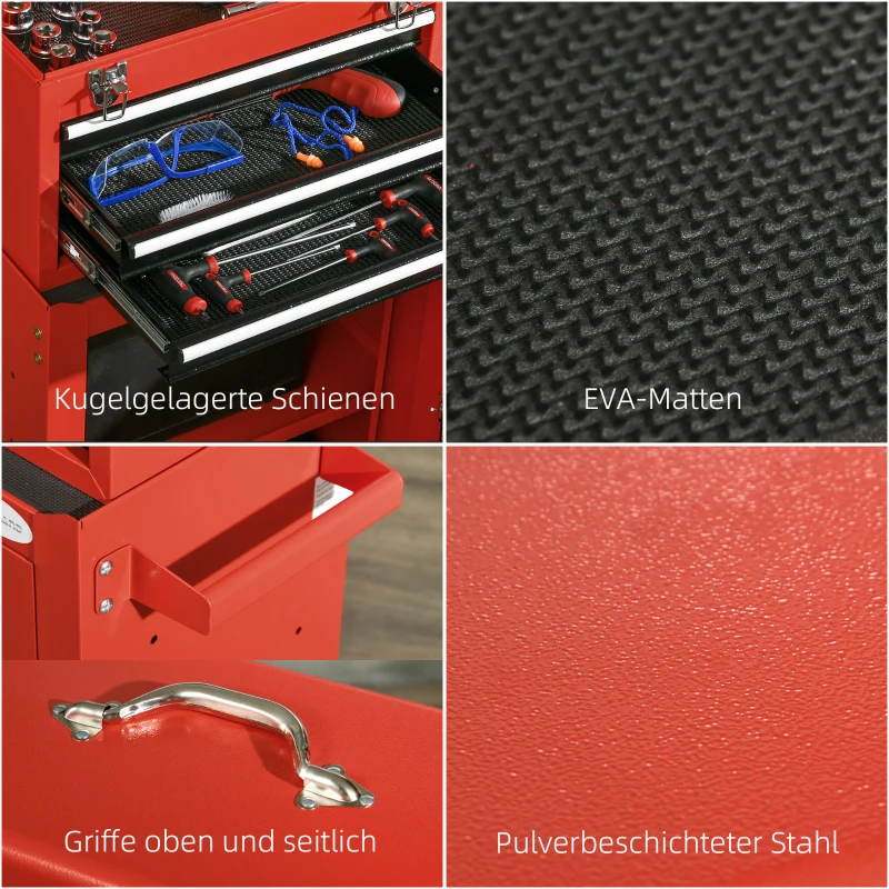 DURHAND 2-in-1 Gereedschapswagen, mobiel, 3 laden, gereedschapsbord, stalen behuizing, 46L x 28B x 94H cm, Rood
