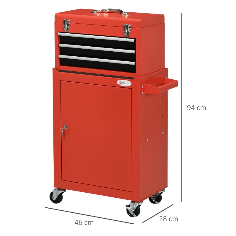 DURHAND 2-in-1 Gereedschapswagen, mobiel, 3 laden, gereedschapsbord, stalen behuizing, 46L x 28B x 94H cm, Rood