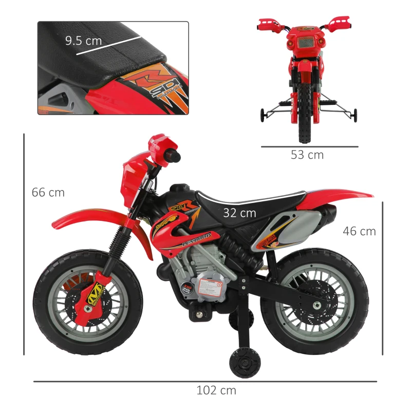 Motocicleta electrica HOMCOM pentru copii 3-6 ani din plastic PP cu roti de sprijin, faruri si muzica, 102x53x66 cm, rosu si negru(m-3)