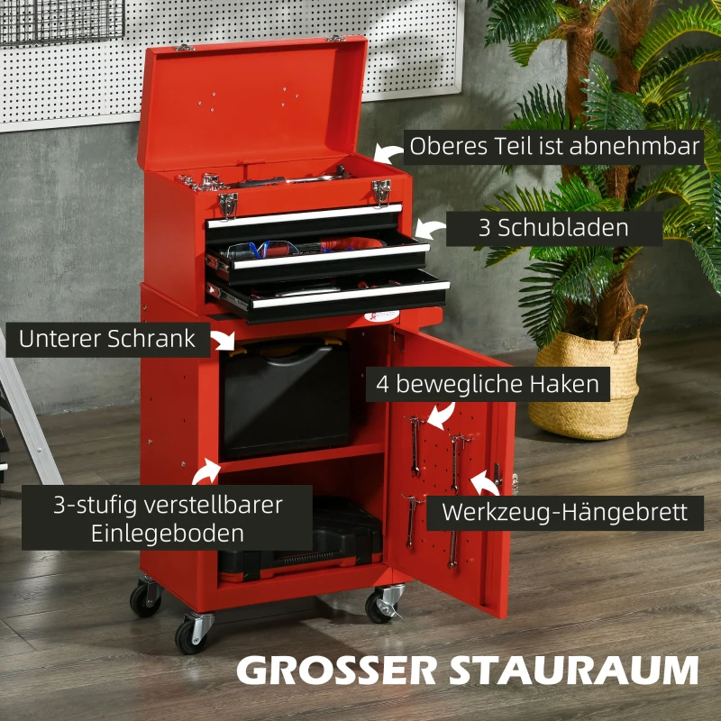DURHAND 2-in-1 Gereedschapswagen, mobiel, 3 laden, gereedschapsbord, stalen behuizing, 46L x 28B x 94H cm, Rood