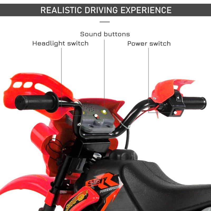 Motocicleta electrica HOMCOM pentru copii 3-6 ani din plastic PP cu roti de sprijin, faruri si muzica, 102x53x66 cm, rosu si negru(m-5)