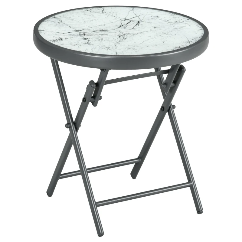 Outsunny Masă Rotundă Pliabilă cu Blat din Sticlă din Imitație de Marmură, Măsuță Mică de Cafea pentru Exterior, Φ45x50 cm, Alb