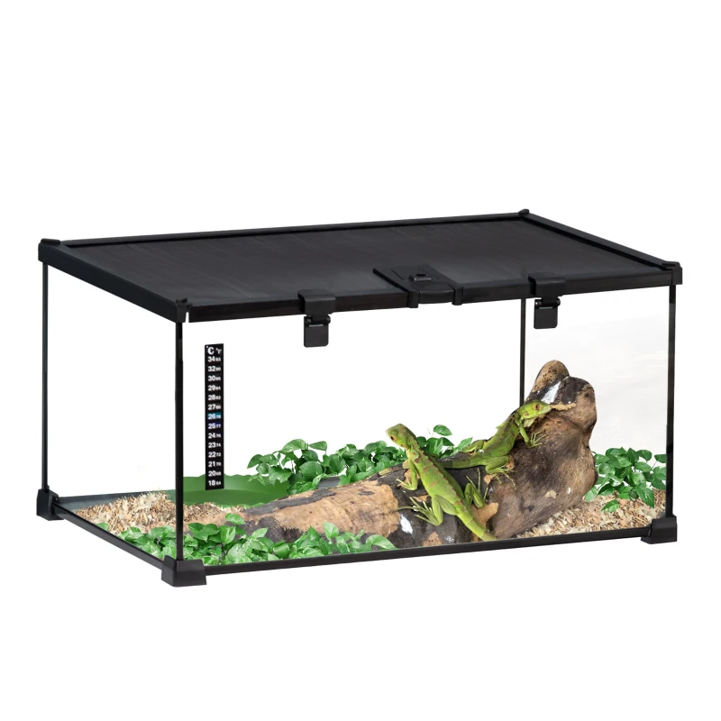 PawHut Skrzynia dla Gadów Terrarium, w zestawie Termometr w Paski, Klapki do Karmienia, 50 cm x 30 cm x 25 cm, Szkło + Metal, Czarny