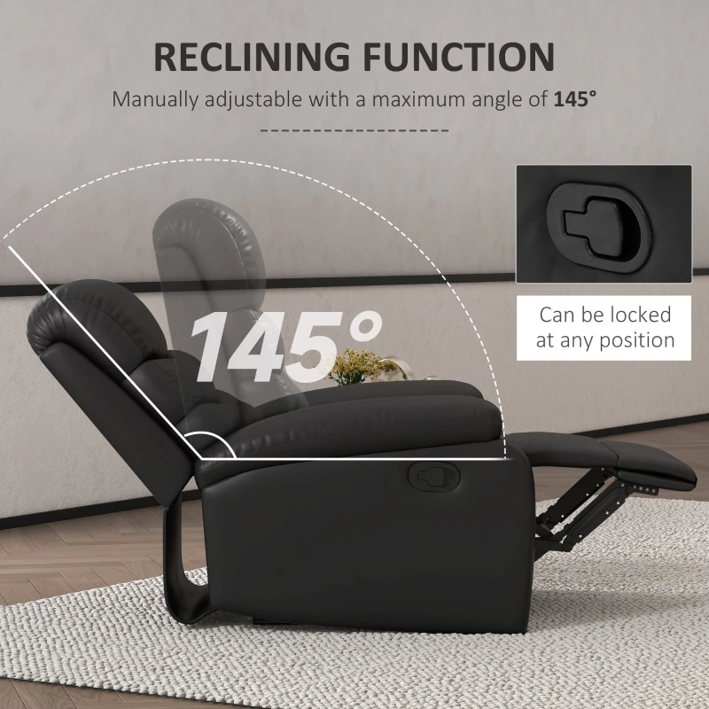 HOMCOM Fotoliu Rabatabil cu Suport pentru Picioare, Fotoliu Ergonomic din Piele Artificiala cu Capitonaj 81x90x105n cm, Negru