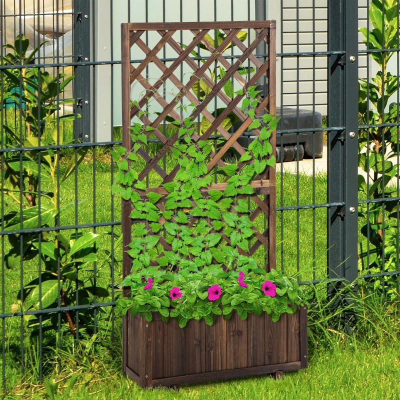 Outsunny Jardinieră de Exterior cu Spalier, Grilaj pentru Plante Cățărătoare și Ghiveci, 72.5x31.5x149.5 cm, Lemn Natural