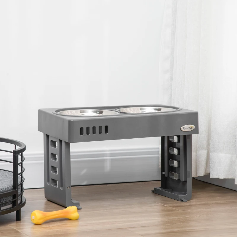 PawHut Set 2 Boluri pentru Câini de 1.2L cu Picioare Detașabile, Bol pentru Câini, Înălțat din ABS și Oțel, 44x27.7x28 cm, Gri