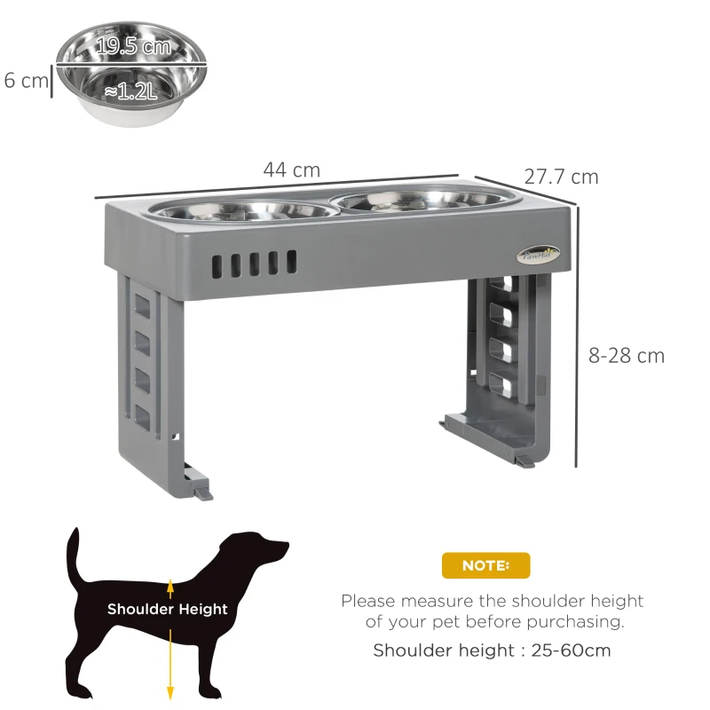 PawHut Set 2 Boluri pentru Câini de 1.2L cu Picioare Detașabile, Bol pentru Câini, Înălțat din ABS și Oțel, 44x27.7x28 cm, Gri
