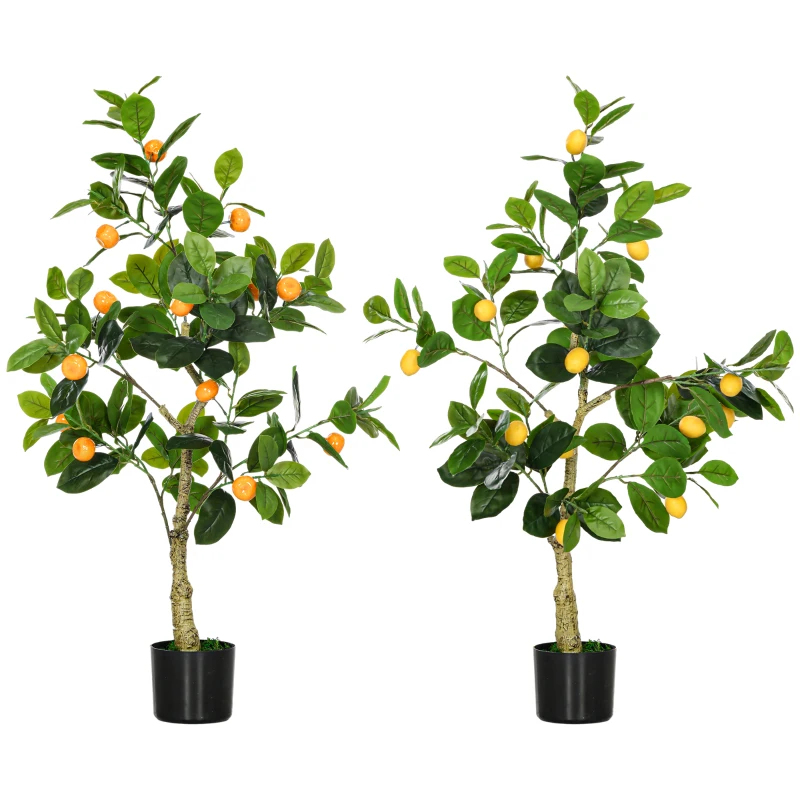 HOMCOM Set 2 Plante Artificiale de Lămâi și Portocale, Plante Decorative Artificiale cu Ghiveci, Ø15x12,5 cm, Verde