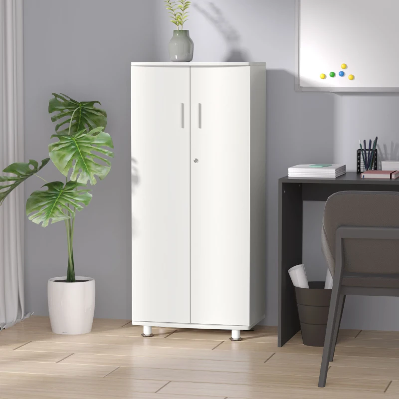 HOMCOM Librería Estantería con 2 Puertas para Libros CDs DVDs con 3 Estantes Interiores y Cerradura Alacena de Cocina para Hogar Oficina Dormitorio 55x36,5x125,5 cm Blanco