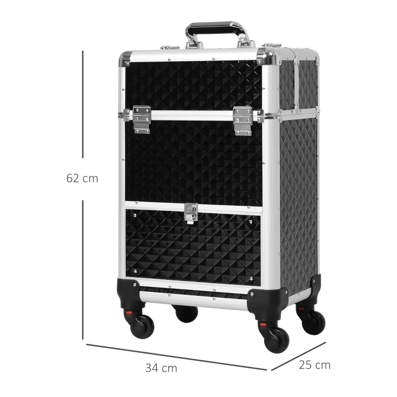 HOMCOM Mala de Maquilhagem Profissional com Gaveta Mala de Maquilhagem com Rodas para Viagem Trabalho 34x25x62 cm Preto