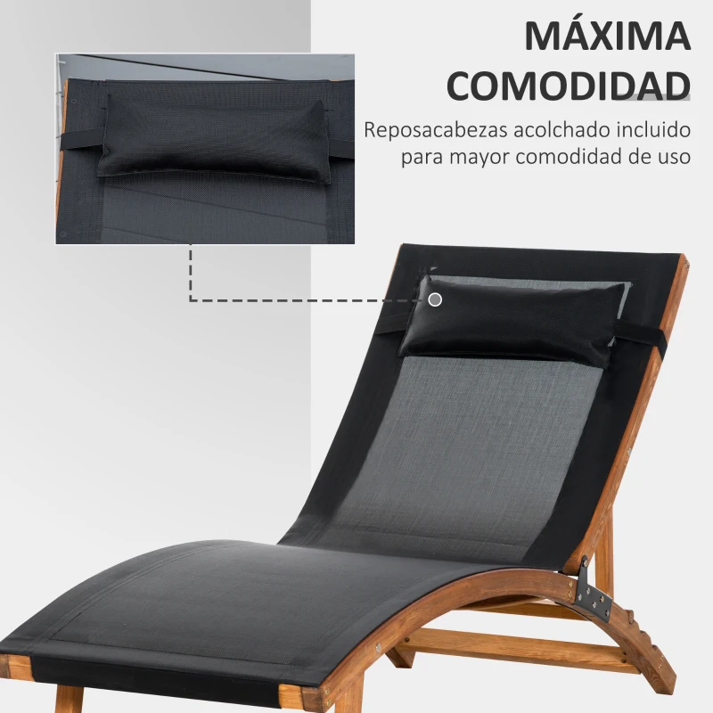 Outsunny Tumbona de Jardín Tipo Hamaca con Altura de Respaldo Ajustable Reposacabeza Extraíble y Marco de Madera Ergonómico para Terraza Playa Exterior 182x64x71 cm Negro