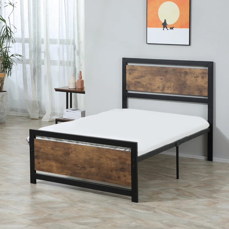 HOMCOM Estrutura de Cama Individual de Aço para Colchão 90x190 cm Carga Máxima 150 kg 97x195x103 cm Preto e Marrom Rústico