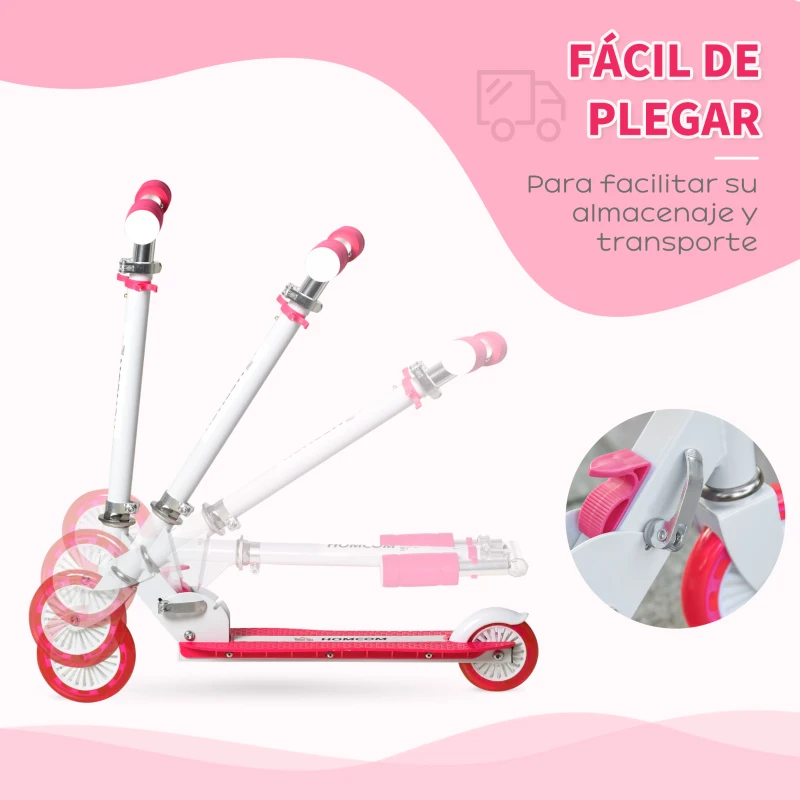 HOMCOM Patinete para Niños +3 Años Plegable Patinete Scooter con 2 Ruedas LED Manillar Altura Ajustable y Freno Posterior Carga 50 kg 61x32,3x67-77 cm Rosa y Blanco