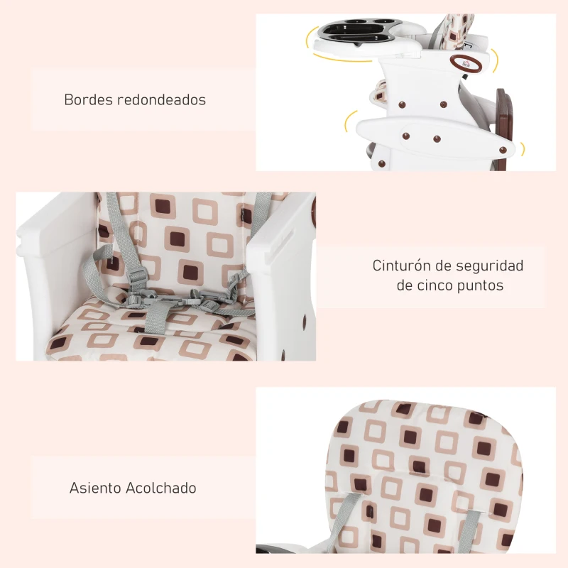 HOMCOM Trona para Bebés 2 en 1 para 6 Meses a 6 Años Transformable en Mesa y Silla Multifuncional Ajustable en 3 Posiciones Respaldo Alto Acolchado con 2 Bandejas Extraíbles 57x59x105 cm Café