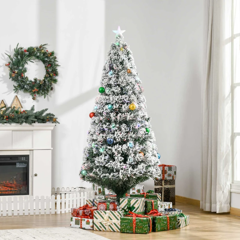 HOMCOM Árbol de Navidad 180cm Artificial Árbol Pino Natural de Blanco Nevado con Soporte de Metal Luces LED 230 Ramas