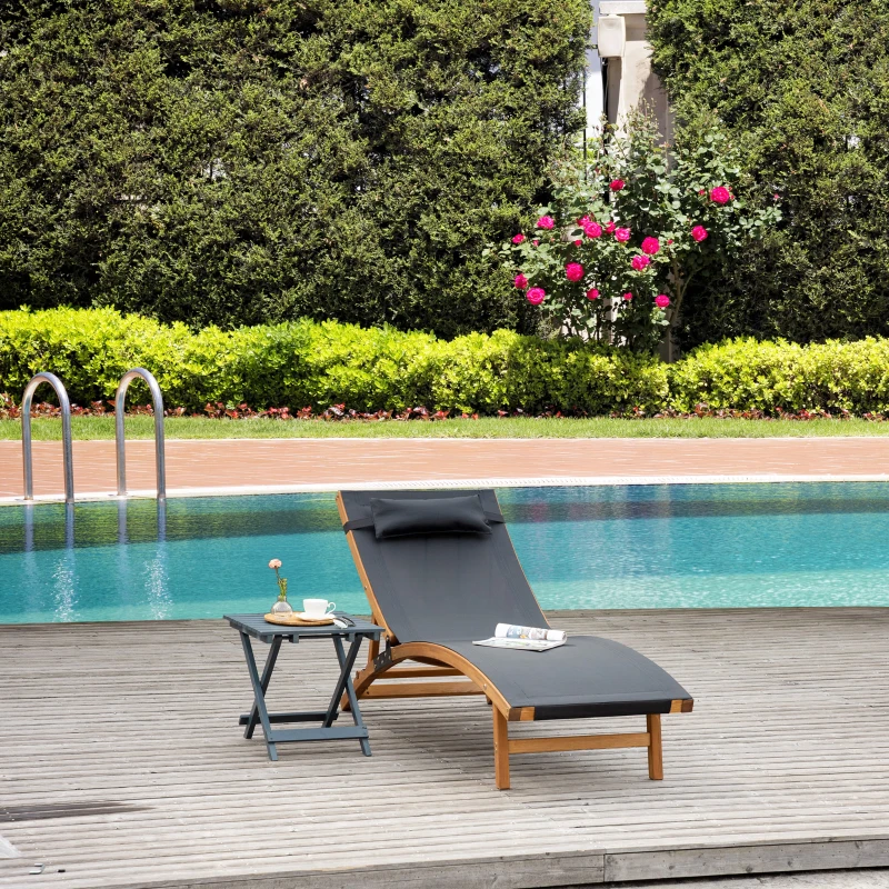 Outsunny Tumbona de Jardín Tipo Hamaca con Altura de Respaldo Ajustable Reposacabeza Extraíble y Marco de Madera Ergonómico para Terraza Playa Exterior 182x64x71 cm Negro