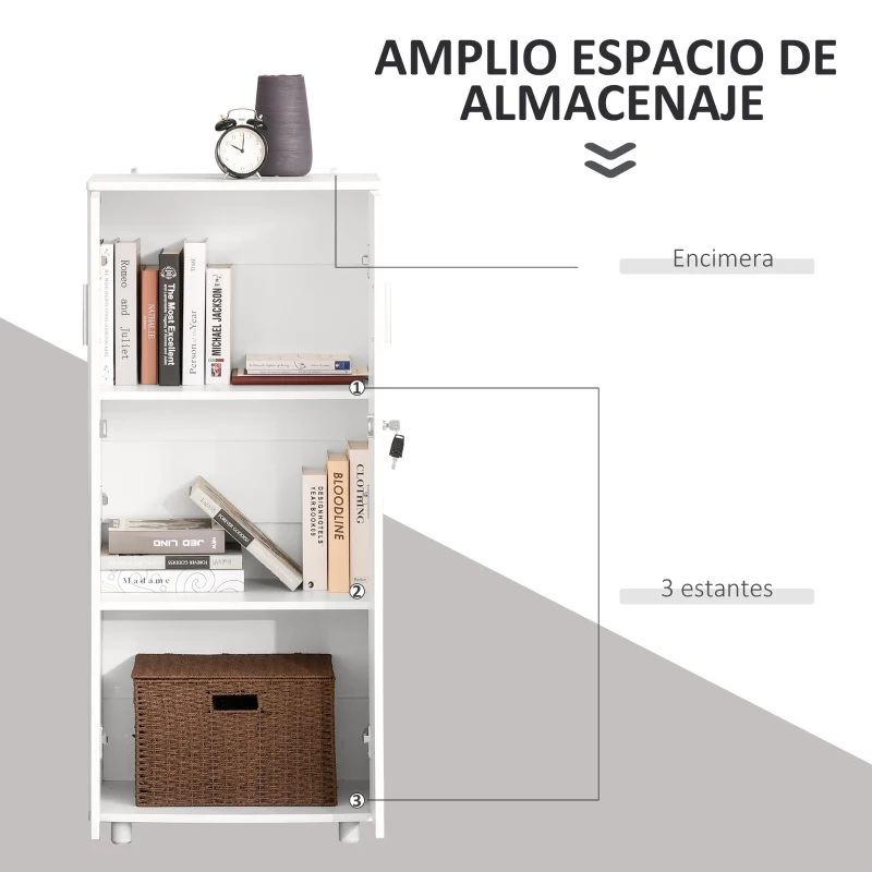 HOMCOM Librería Estantería con 2 Puertas para Libros CDs DVDs con 3 Estantes Interiores y Cerradura Alacena de Cocina para Hogar Oficina Dormitorio 55x36,5x125,5 cm Blanco