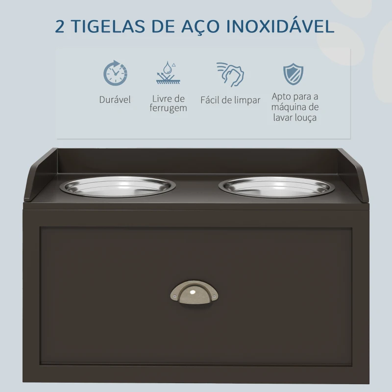 PawHut Comedouro Elevado para Cães com 2 Tigelas 2000ml de Aço Inoxidável Gaveta Oculta com Suporte de Madeira 60x30x36cm Marrom Escuro