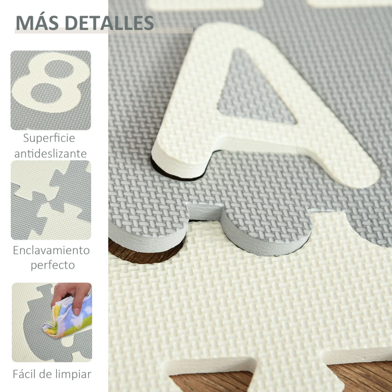 HOMCOM Alfombra Puzzle para Bebés 36 Piezas 31,5x31,5 cm con 26 Letras (A-Z) y Números 0 al 9 Juego Ronpecabezas Infantil de 3,24 m² Espuma EVA Suave Gris y Blanco