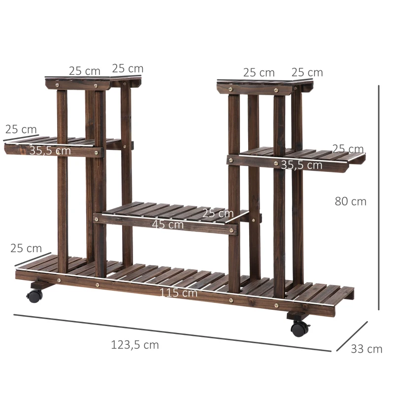 Outsunny Suporte para Plantas de 4 Níveis com Rodas Suporte para Vasos de Plantas 123,5x33x80 cm Marrom Escuro
