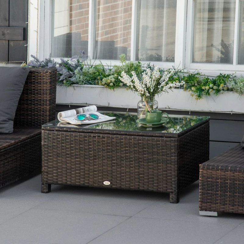 Outsunny Mesa de Centro Jardim de Vime Sintético Mesa de Apoio para Exterior com Vidro Temperado 85x50x39 cm Marrom