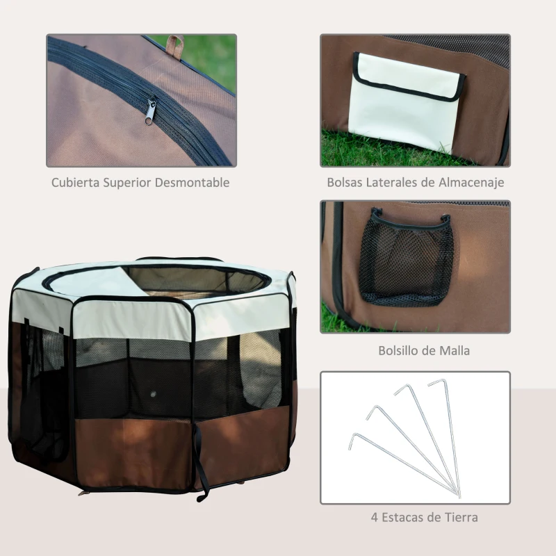 PawHut Parque Plegable para Perros de 8 Paneles Parque de Juego para Mascotas con Bolsa de Transporte Ø117x71 cm Marrón