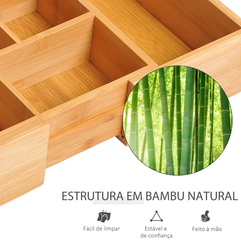 HOMCOM Organizador de Escritório de Bambu Caixa de Armazenamento Extensível com 5-7 Compartimentos  24,6-41x17,6x7 cm Madeira