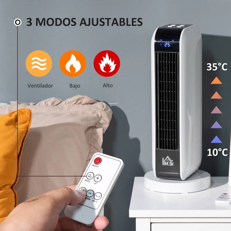 HOMCOM Calefactor Cerámico de Torre 2000W Portátil con Mando a Distancia 3 Modos de Función Pantalla LED Temporizador y Sistema Antivuelco para 25 m² Ø18x44 cm Blanco y Negro