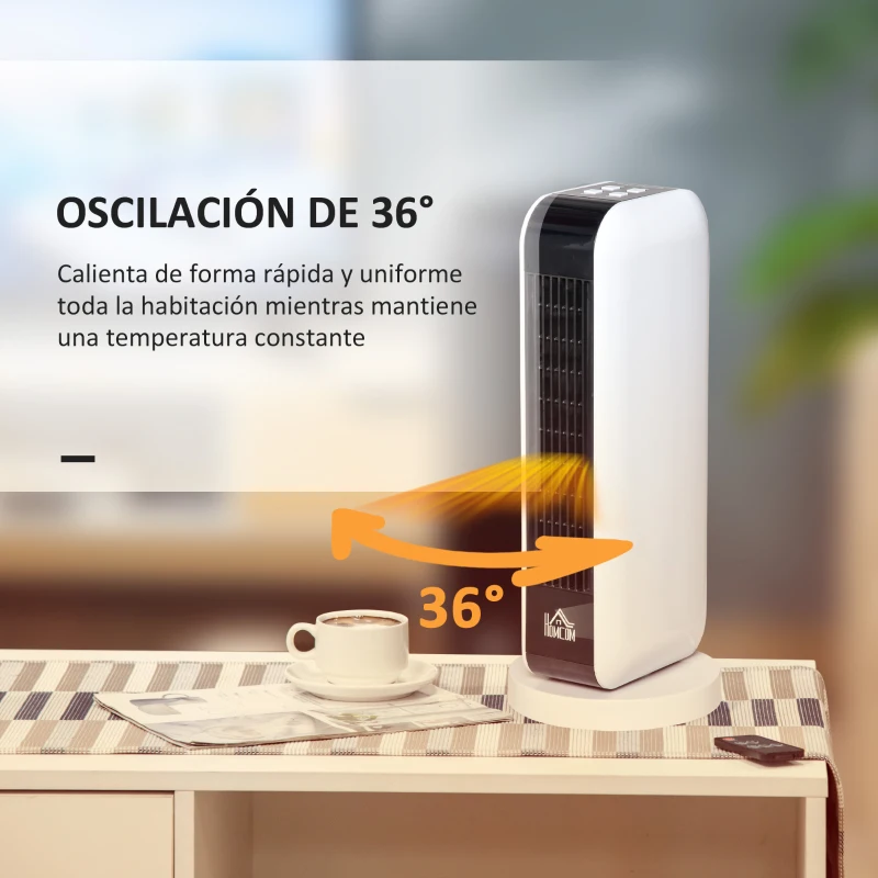 HOMCOM Calefactor Cerámico de Torre 2000W Portátil con Mando a Distancia 3 Modos de Función Pantalla LED Temporizador y Sistema Antivuelco para 25 m² Ø18x44 cm Blanco y Negro