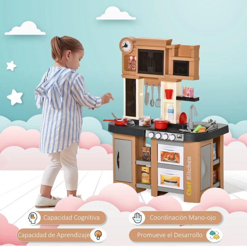 HOMCOM Cocina de Juguete 58 Piezas para Niños de +3 Años Cocinita de Juguete con Luz Sonidos Fregadero Grifo con Agua Nevera y Horno 63x35x84 cm Marrón