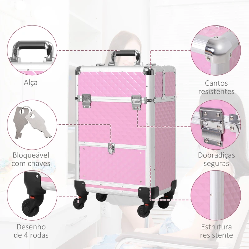 HOMCOM Mala de Maquilhagem Profissional com Gaveta Mala de Maquilhagem com Rodas para Viagem Trabalho 34x25x62 cm Rosa