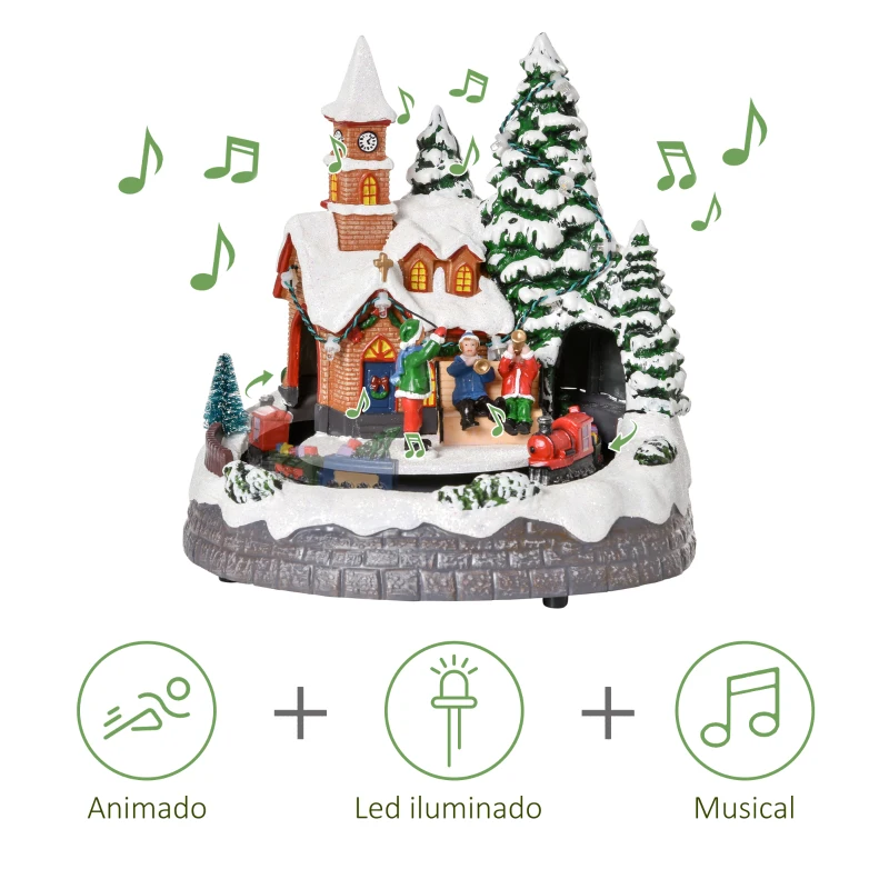 HOMCOM Pueblo Navideño Escena Navideña Iluminado con Luces LED Árbol de Navidad Música y Tren Móvil Decoración Navideña sobre Mesa 19,3x17,9x20,2 cm Multicolor