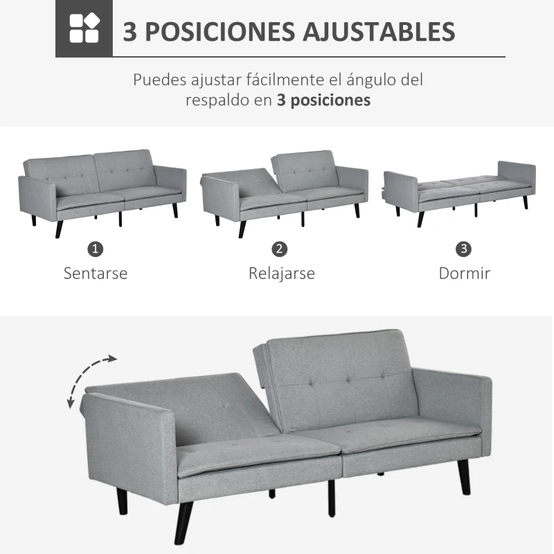 HOMCOM Sofá Cama de 3 Plazas Tapizado en Tela con Respaldo Ajustable en 3 Posiciones y Patas de Madera Sofá Moderno para Salón Oficina 198x81x81 cm Gris