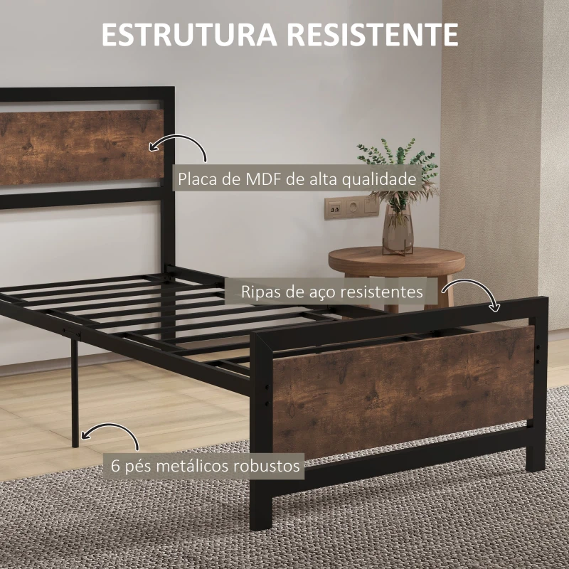 HOMCOM Estrutura de Cama Individual de Aço para Colchão 90x190 cm Carga Máxima 150 kg 97x195x103 cm Preto e Marrom Rústico