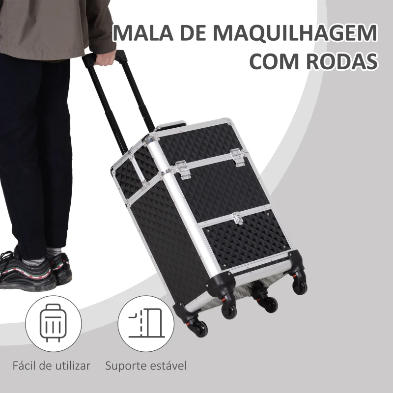 HOMCOM Mala de Maquilhagem Profissional com Gaveta Mala de Maquilhagem com Rodas para Viagem Trabalho 34x25x62 cm Preto