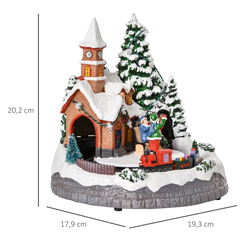 HOMCOM Pueblo Navideño Escena Navideña Iluminado con Luces LED Árbol de Navidad Música y Tren Móvil Decoración Navideña sobre Mesa 19,3x17,9x20,2 cm Multicolor