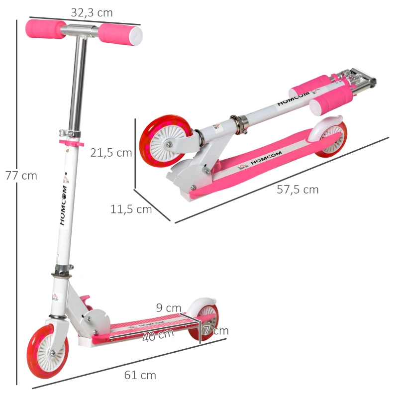 HOMCOM Patinete para Niños +3 Años Plegable Patinete Scooter con 2 Ruedas LED Manillar Altura Ajustable y Freno Posterior Carga 50 kg 61x32,3x67-77 cm Rosa y Blanco