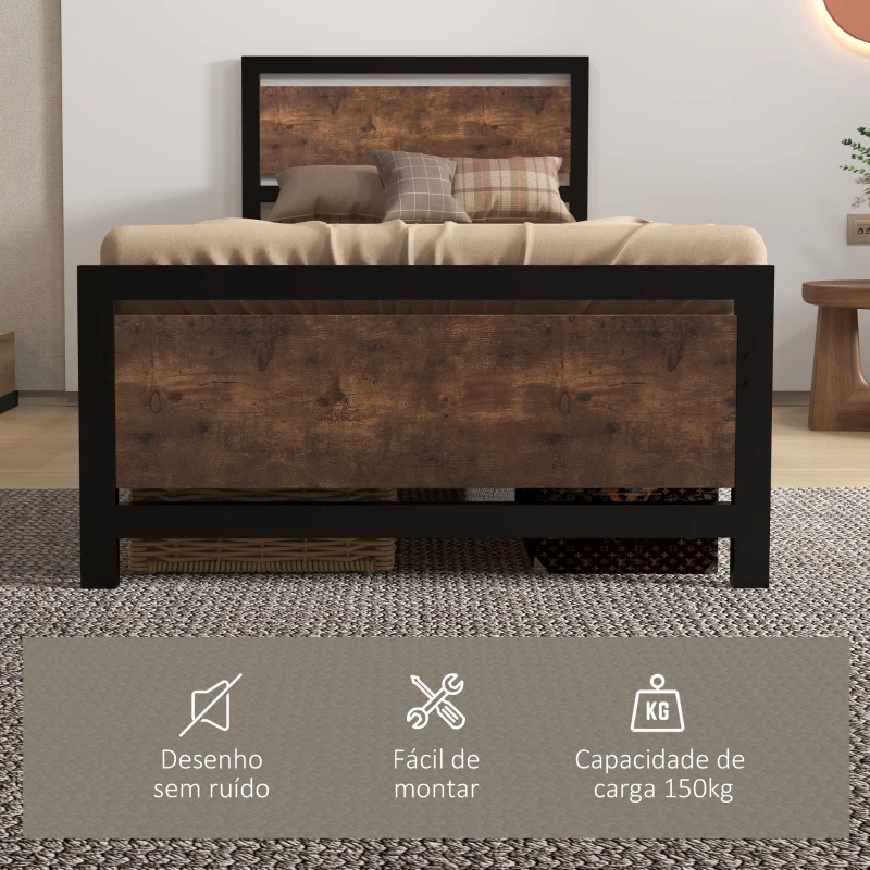 HOMCOM Estrutura de Cama Individual de Aço para Colchão 90x190 cm Carga Máxima 150 kg 97x195x103 cm Preto e Marrom Rústico