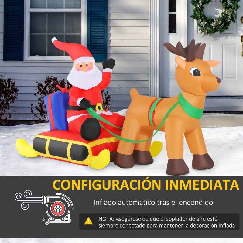 HOMCOM Decoración Navideña Inflable Papá Noel con Reno 8 Luces LED Iluminación Navideña Interior y Exterior 190x72x122cm