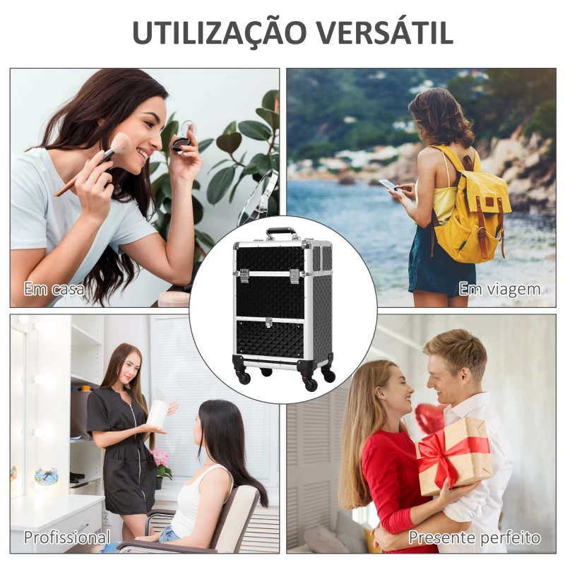 HOMCOM Mala de Maquilhagem Profissional com Gaveta Mala de Maquilhagem com Rodas para Viagem Trabalho 34x25x62 cm Preto