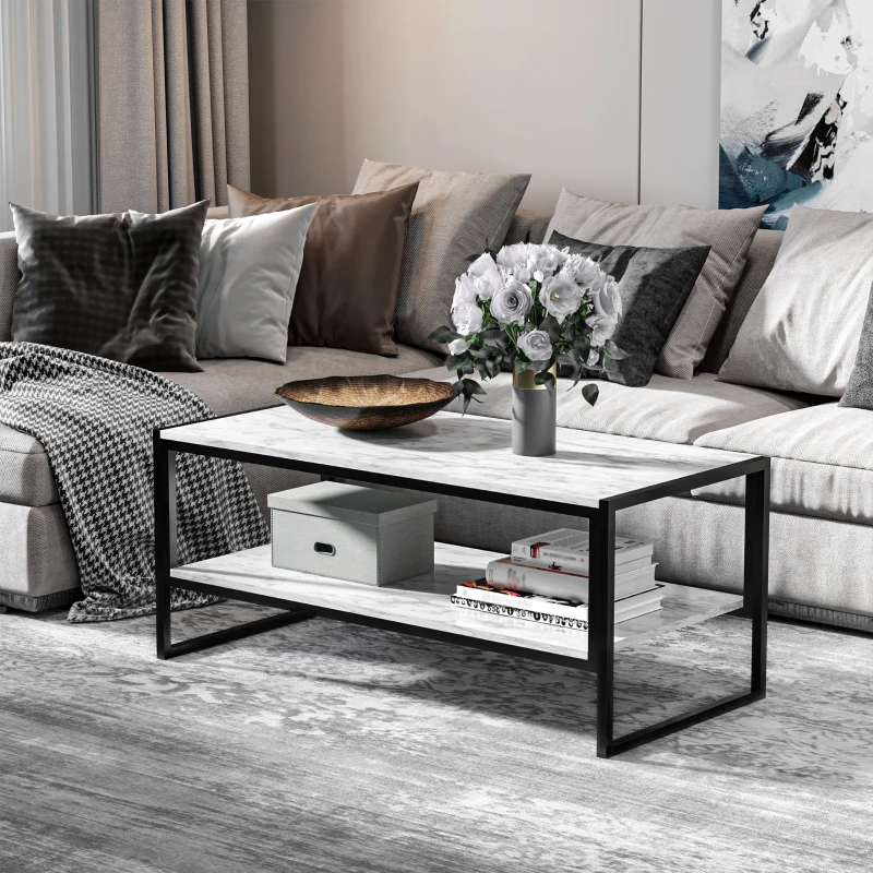 HOMCOM Mesa de Centro Moderno Mesa Baja de Salón con Encimera de Imitación Mármol con Estructura de Metal 106x50x45 cm Blanco