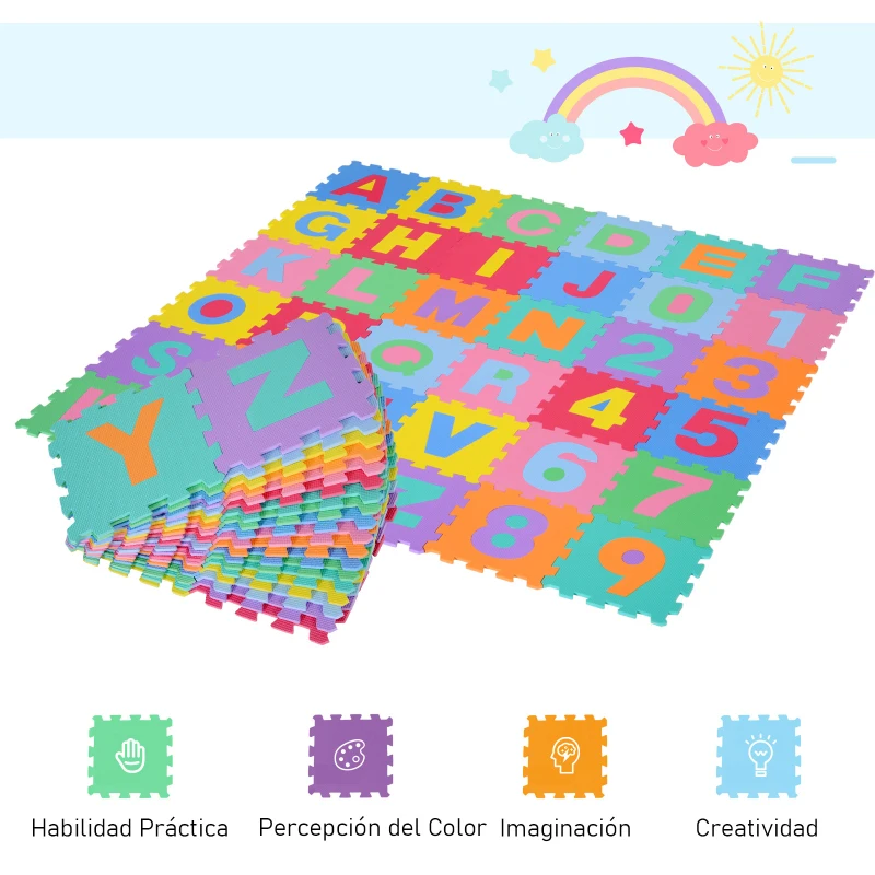 HOMCOM Alfombra puzzle Infantil 36 piezas de 31x31cm Números del 0 al 9 y 26 Letras Alfabeto Goma Espuma Alfombrilla de Juego para Bebés y Niños de 3,24㎡