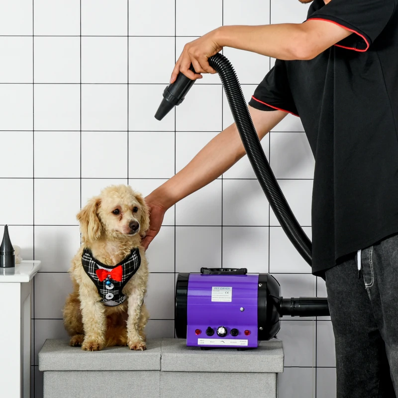 PawHut Secado de Pelo para Cães 2800W Secador de Pelo para Animais de Estimação com Temperatura e Velocidade Ajustável 3 Bicos 40x16x20cm Roxo