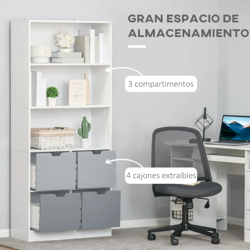 HOMCOM Armario de Libros con 4 Cajones 3 Estantes de Almacenaje y Balda Ajustable Mueble Organizador para Oficina Salón Estudio 76x30x173 cm Blanco